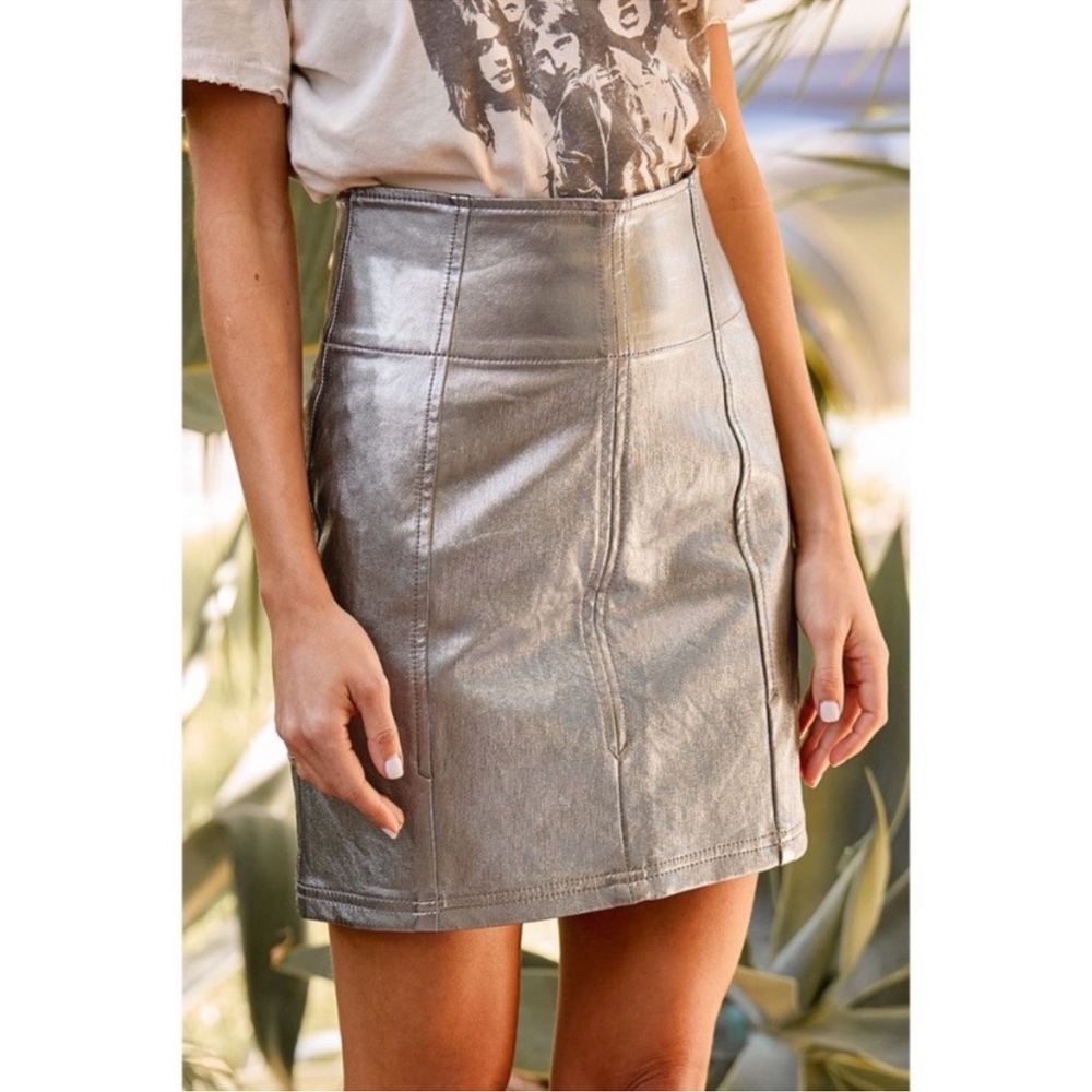 Free People Holding Onto A Dream Metallic Silver Coated Mini Skirt